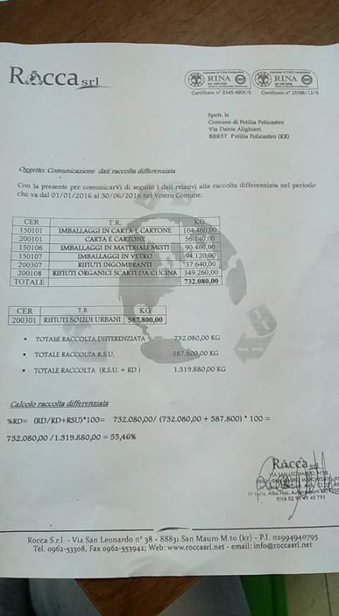 Raccolta Differenziata ottimi risultati a Petilia Policastro