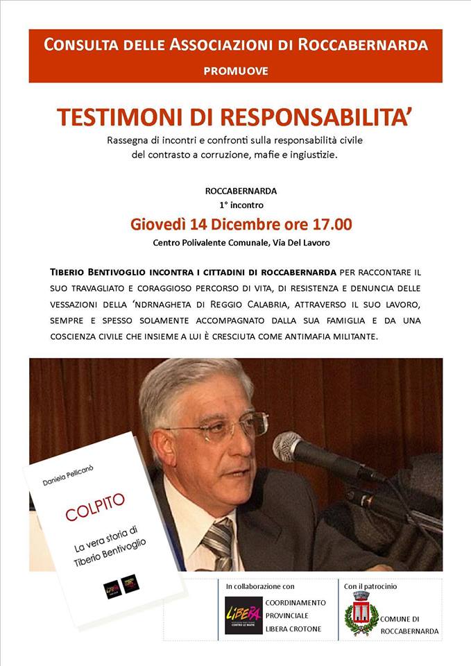 A Roccabernarda incontro con Tiberio Bentivoglio organizzato dalla consulta associazioni e Libera