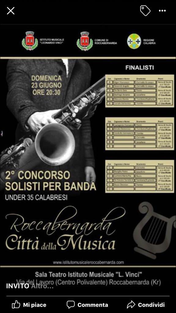 Domenica la finale del Concorso Solisti per Banda a Roccabernarda
  