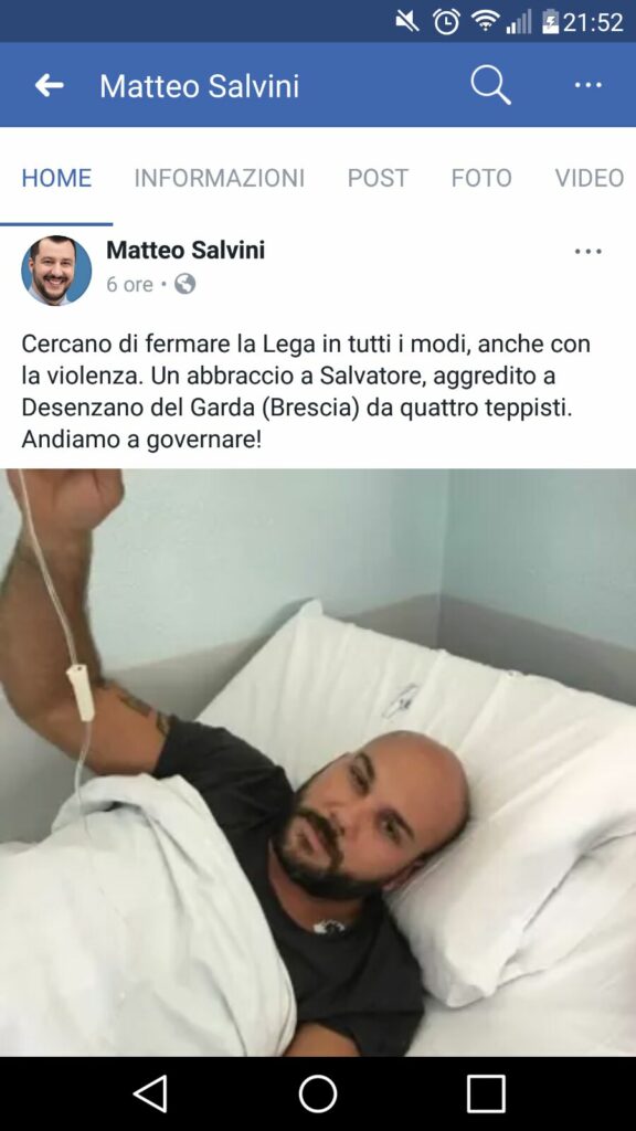 Salvini in un suo post parla di un giovane petilino aggredito
  