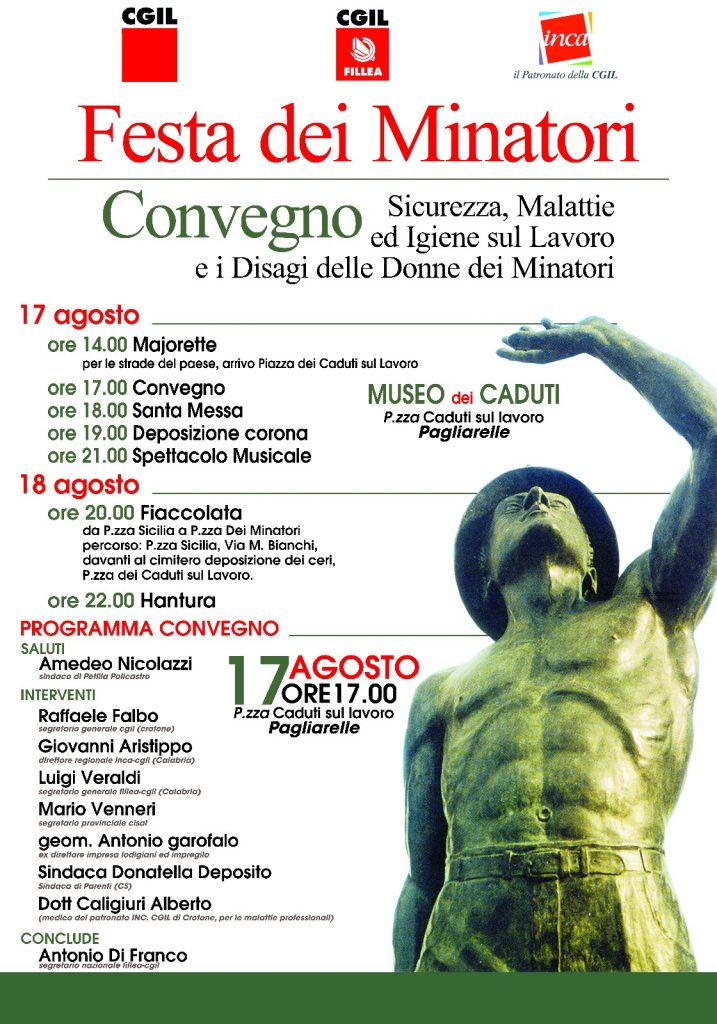 Festa dei Minatori:convegno della Cgil sulla sicurezza,le malattie,l’ igiene nei luoghi di lavoro ed il disagio delle donne dei Minatori