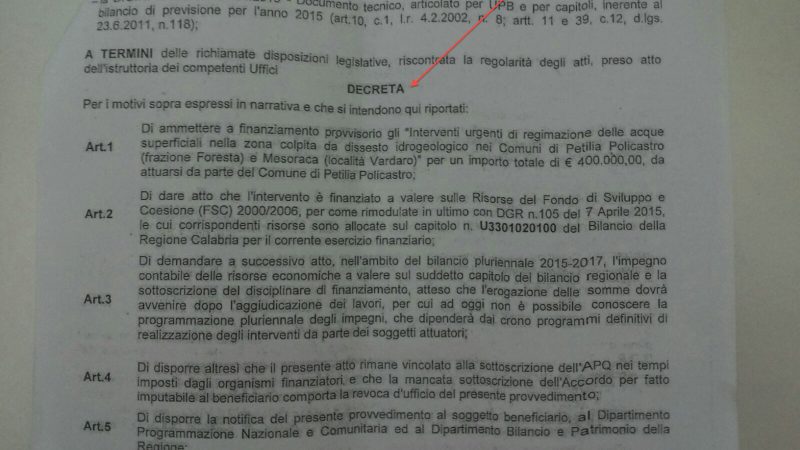 L’Amministrazione comunale di Petilia risponde alla Protezione civile rendendo pubblico un decreto regionale