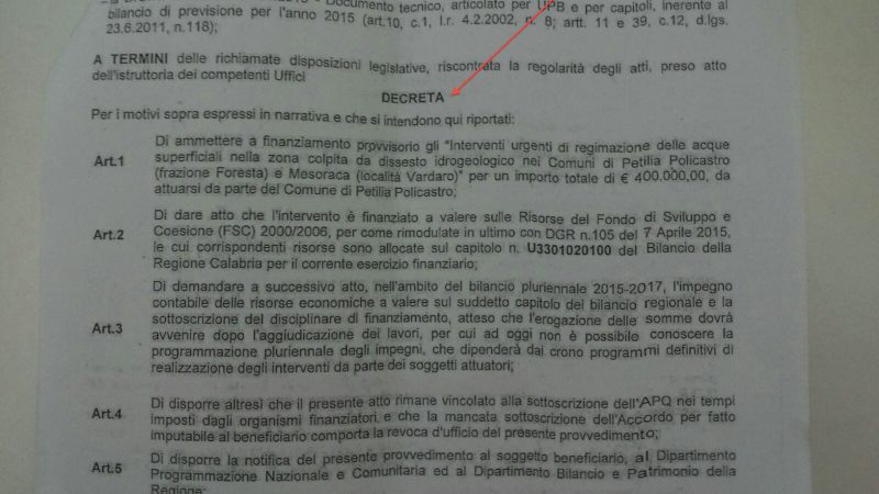 L’Amministrazione comunale di Petilia risponde alla Protezione civile rendendo pubblico un decreto regionale