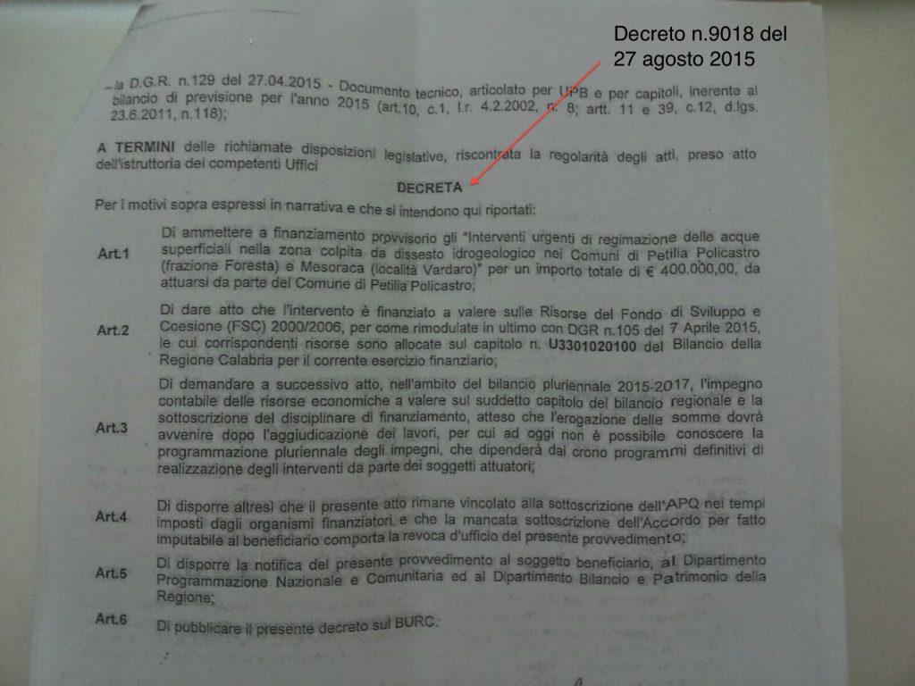 L’Amministrazione comunale di Petilia risponde alla Protezione civile rendendo pubblico un decreto regionale
  