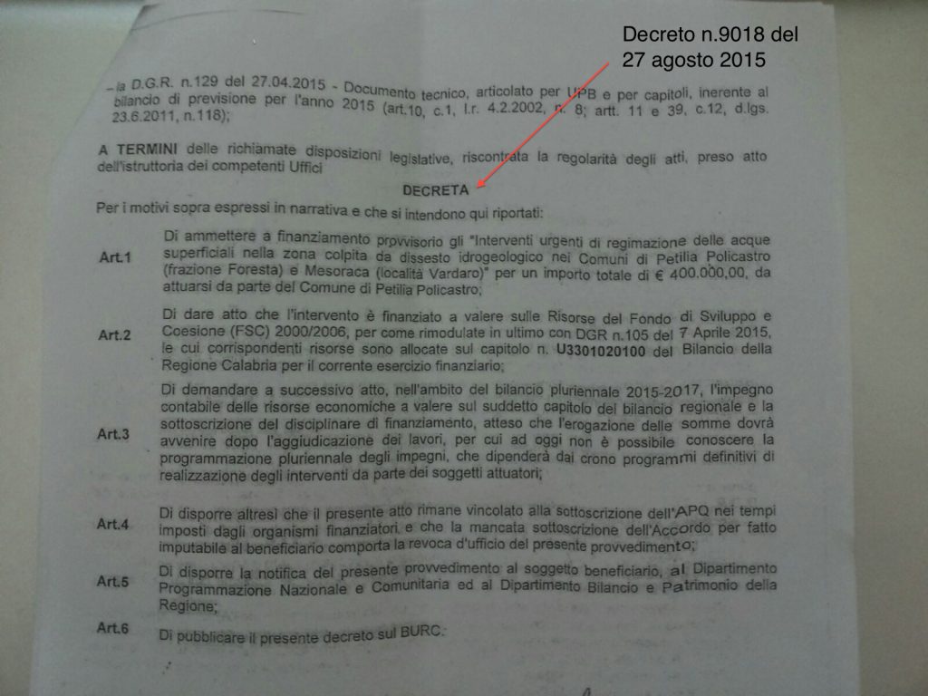 L’Amministrazione comunale di Petilia risponde alla Protezione civile rendendo pubblico un decreto regionale