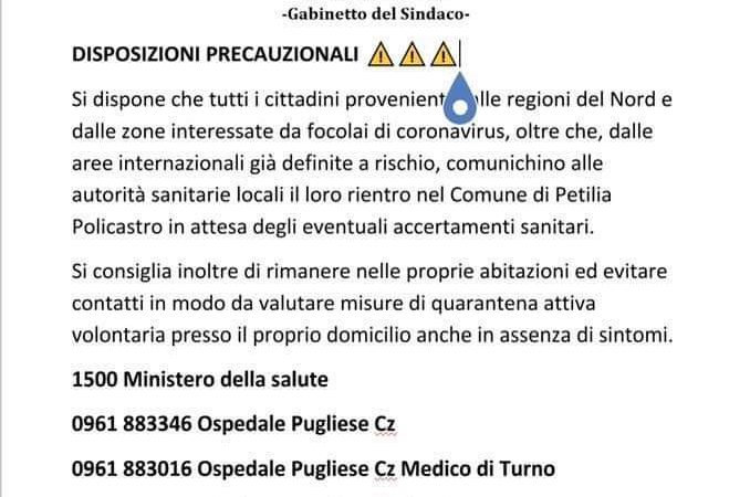 Coronavirus, disposizione del Comune petilino per la prevenzione