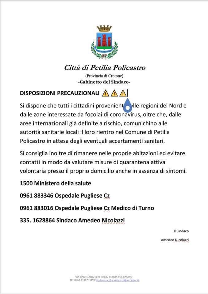 Coronavirus, disposizione del Comune petilino per la prevenzione