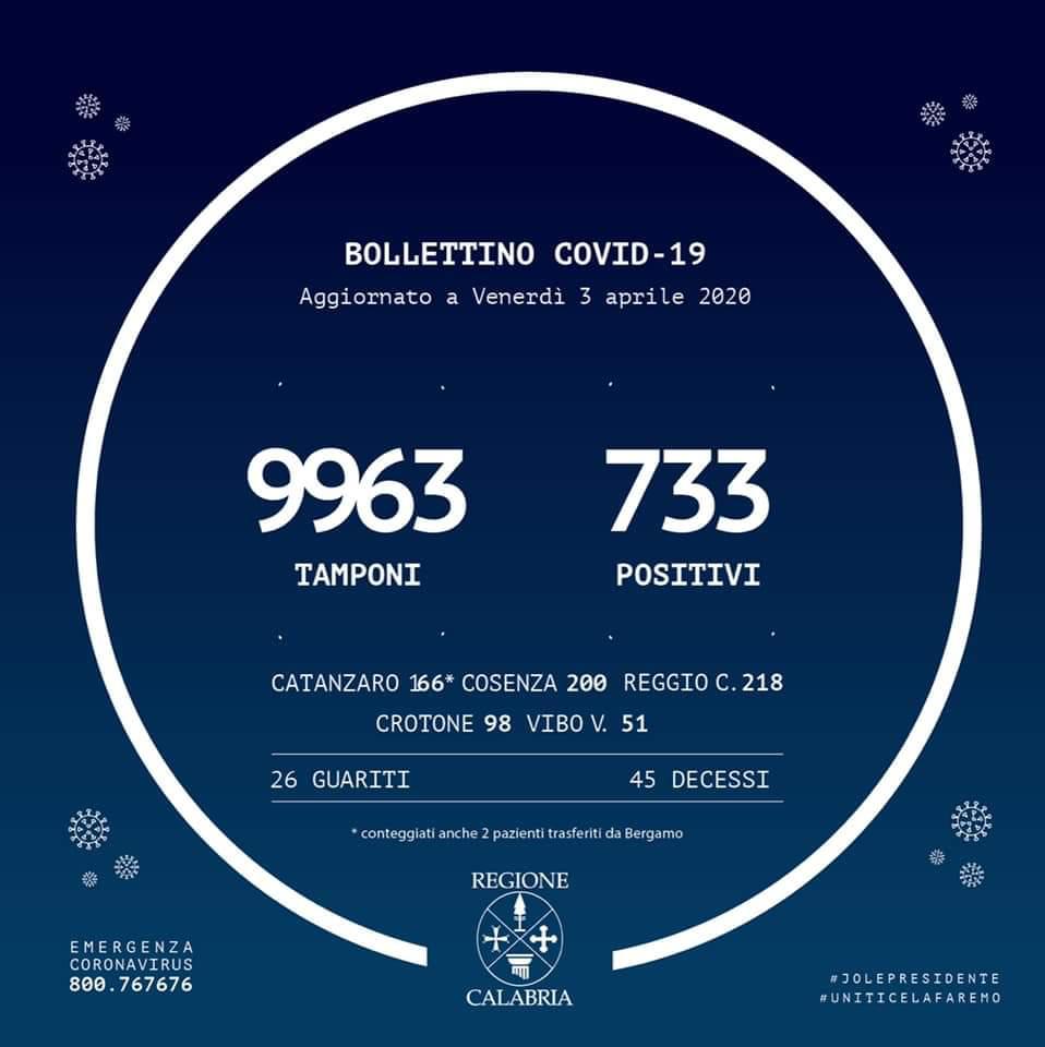 Coronavirus in Calabria: Pubblicato il bollettino della Regione, i casi salgono a 733
  