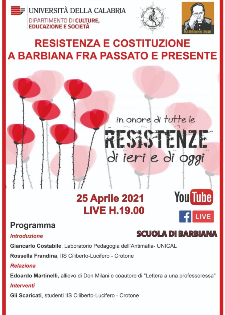 Unical, domenica 25 aprile seminario di Barbiana 2040 e Istituto Ciliberto di Crotone su Resistenza e Costituzione nella pedagogia di Don Milani