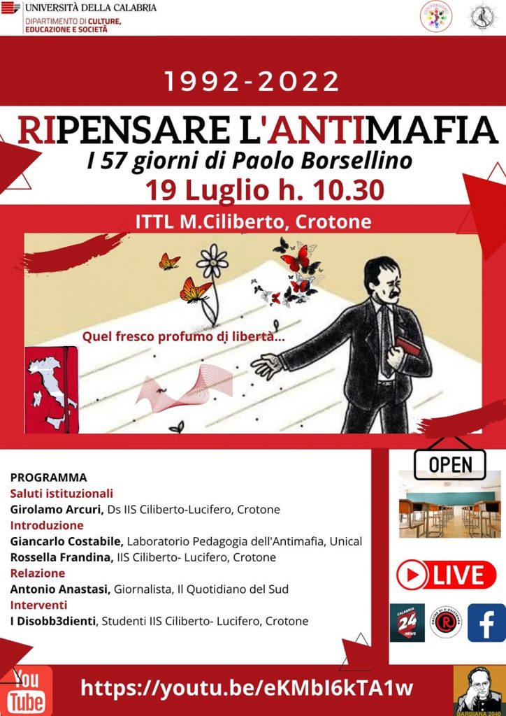Pedagogia dell’Antimafia Unical e Istituto Ciliberto di Crotone ricordano Paolo Borsellino nel trentennale di via d’Amelio