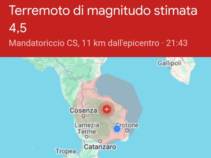 Terremoto nella provincia di Cosenza percepito in tutta la regione