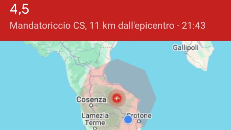 Terremoto nella provincia di Cosenza percepito in tutta la regione
  