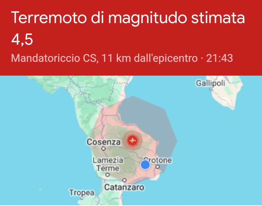 Terremoto nella provincia di Cosenza percepito in tutta la regione
  