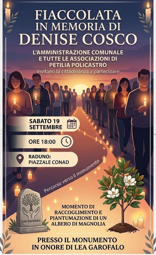 Petilia Policastro, Sabato 19 settembre una Fiaccolata in memoria di Denise Cosco
  